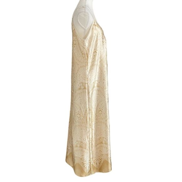 OSCAR DE LA RENTA CREAM GOLD PRINT SPAGHETTI SLEEVES SATIN MAXI SLIP SLEEPWEAR - Picture 2 of 8